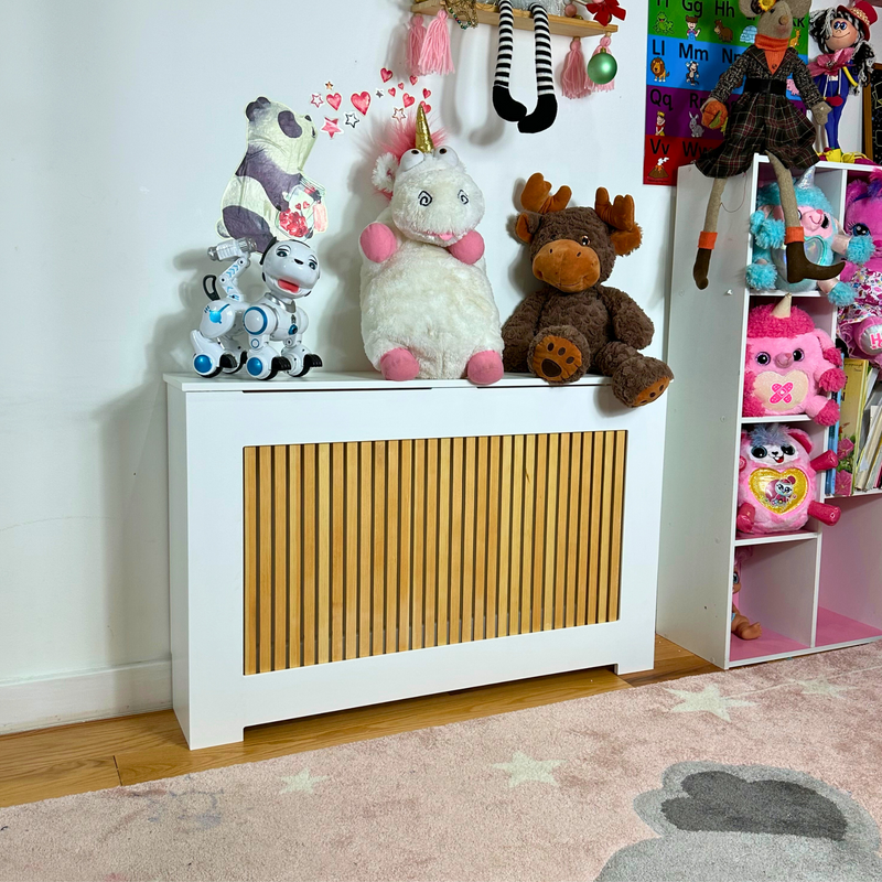 CHELSEA modern radiator cover cabinet with natural wooden slats and clean contemporary design