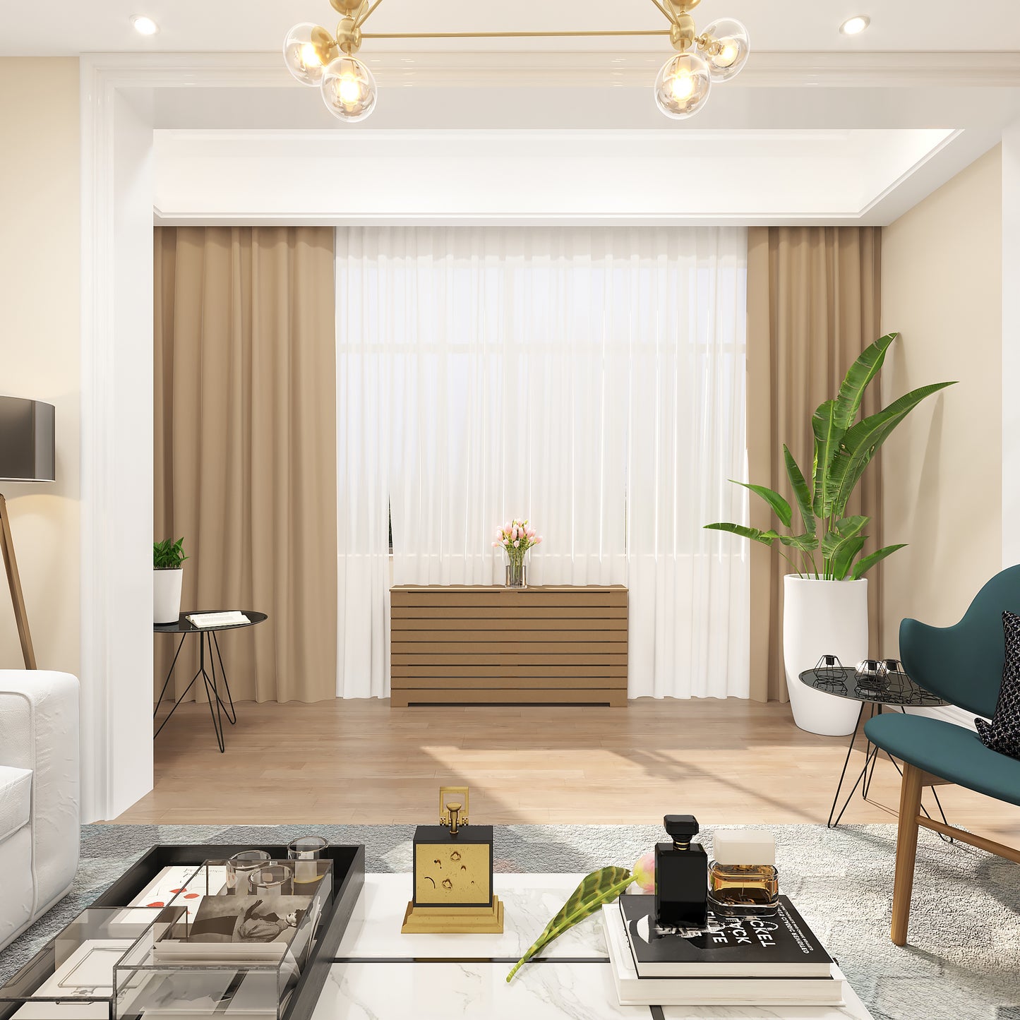 Handcrafted Unfinished Radiator Cover - Custom Radiator Cover in modern NYC living room with wood slat design, placed under a window with beige curtains.