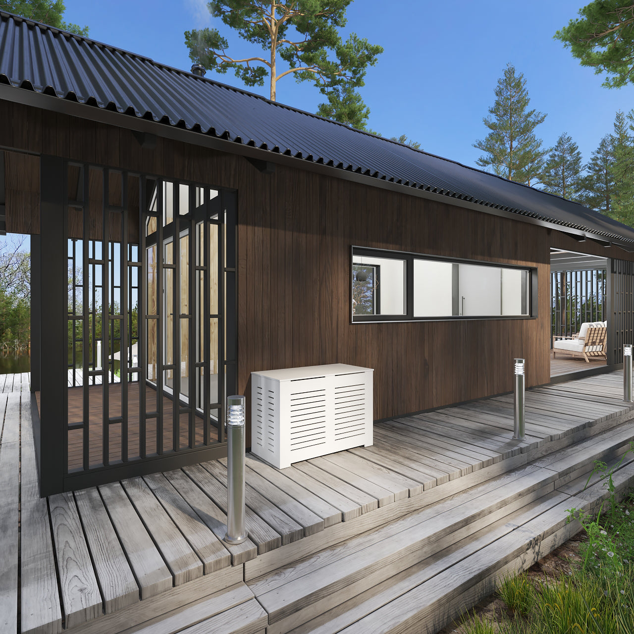 Modern white PVC outdoor cover for AC units placed on a wooden deck beside a contemporary cabin. Weatherproof privacy fence enclosure made in NYC USA.