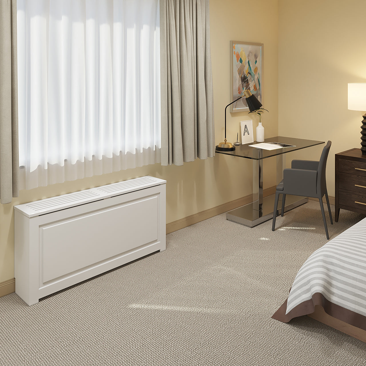 EVELINE Radiator Cover - Custom Radiator Cover NYC in white, installed in a modern bedroom with beige carpet and minimalist decor. Handcrafted for a seamless fit.