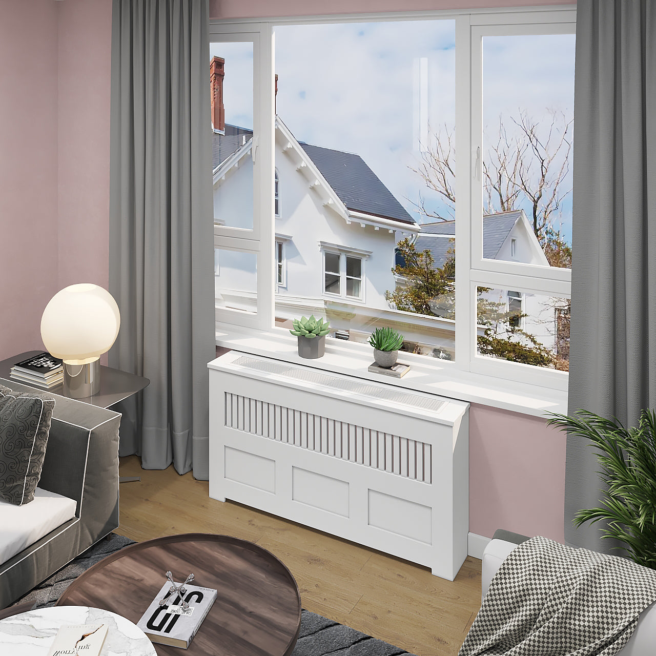 Custom PTAC cover cabinet in NYC apartment with white wood finish and metal grille, blending with modern living room decor for optimal airflow and style.