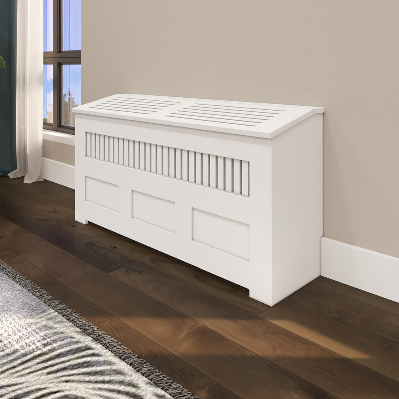 Custom PTAC HVAC cover cabinet with hinged top in white finish handcrafted in NYC