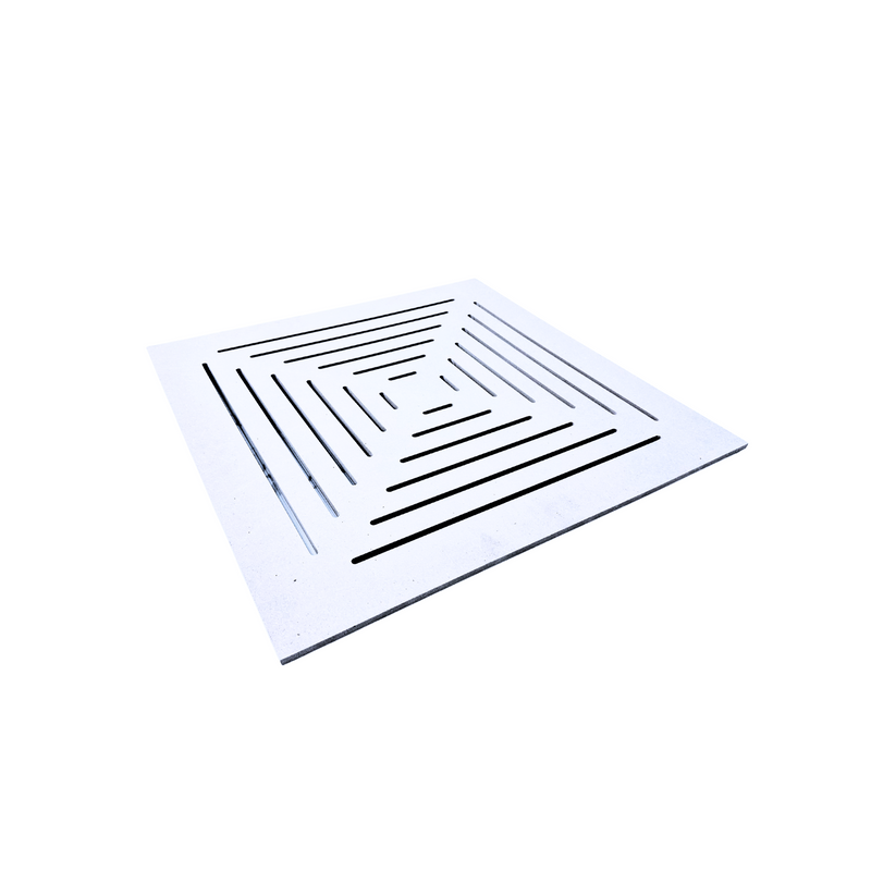 Magnetic air vent cover in white Medex wood with modern geometric cutouts, ideal for HVAC systems and tool-free installation.