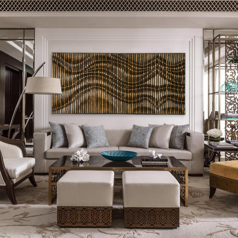 PRISM parametric wood wall art in a luxury living room, showcasing solid wood acoustic panel with sculptural wave design for modern interiors.