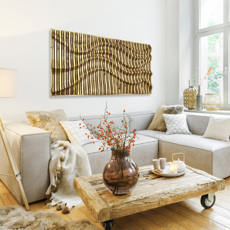 ALEXIA Wood Art Panel adds modern elegance to a cozy living room with neutral tones and fur accents. Parametric wood design enhances acoustic quality.