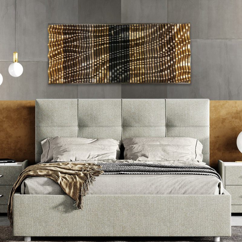 AMARETTO Parametric Wood Wall Art above a modern upholstered bed in a neutral-toned bedroom. Adds sculptural depth and acoustic function to home decor.