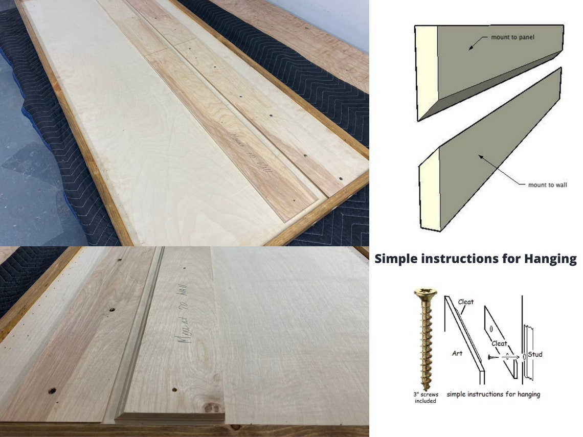 Backside and mounting instructions for VORTEX Wood Wall Art panel, showing cleat system for secure and easy wall installation.