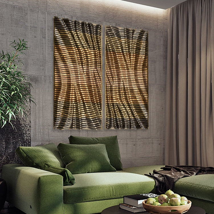 QUARRY Wall Art - Parametric Wall Panels Set of 2 displayed in a modern living room with green sofa, adding 3D wood texture and acoustic warmth.