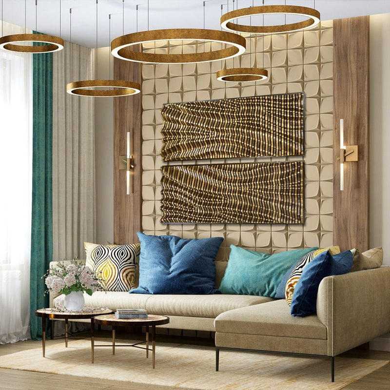SAHARA parametric wood wall art set displayed in a modern living room with sculptural 3D texture and acoustic functionality. Enhances luxury decor.