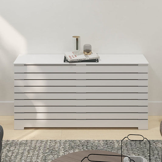 Sleek white custom radiator cover with modern slatted design.