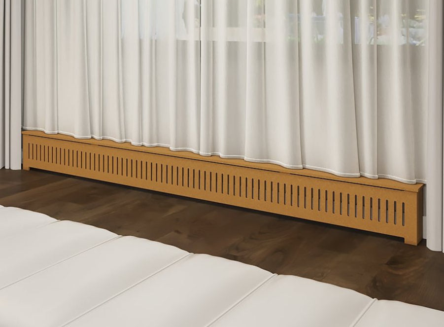 Stylish custom baseboard heat cover enhancing modern bedroom interior.