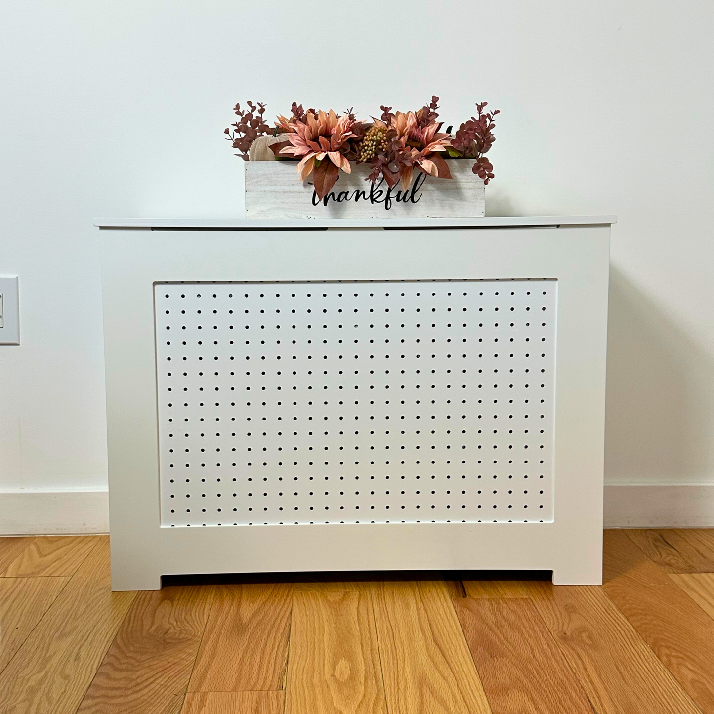 ALEXIA decorative white radiator cover cabinet made from Medex wood, custom heat cover handcrafted in NYC