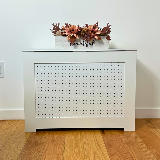 ALEXIA decorative white radiator cover cabinet made from Medex wood, custom heat cover handcrafted in NYC