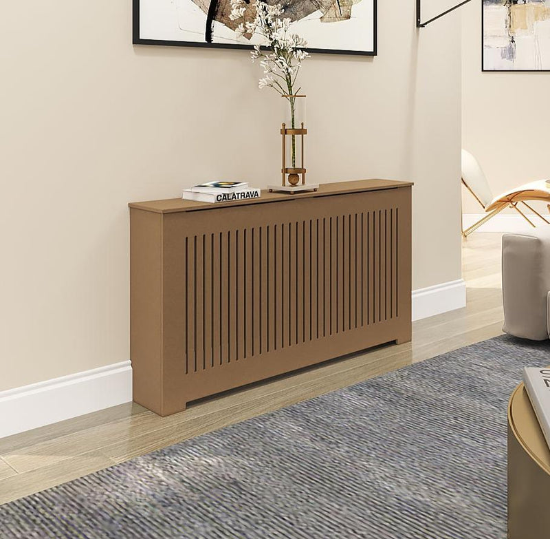 AURORA unfinished radiator cover cabinet with vertical slats, placed in a modern living room, ready to paint and customize.