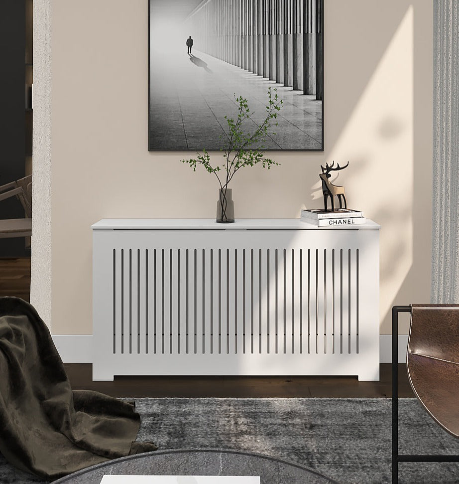 AURORA modern white slatted radiator cover cabinet made from Medex wood, custom heat cover handcrafted in NYC