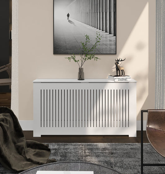 AURORA modern white slatted radiator cover cabinet made from Medex wood, custom heat cover handcrafted in NYC