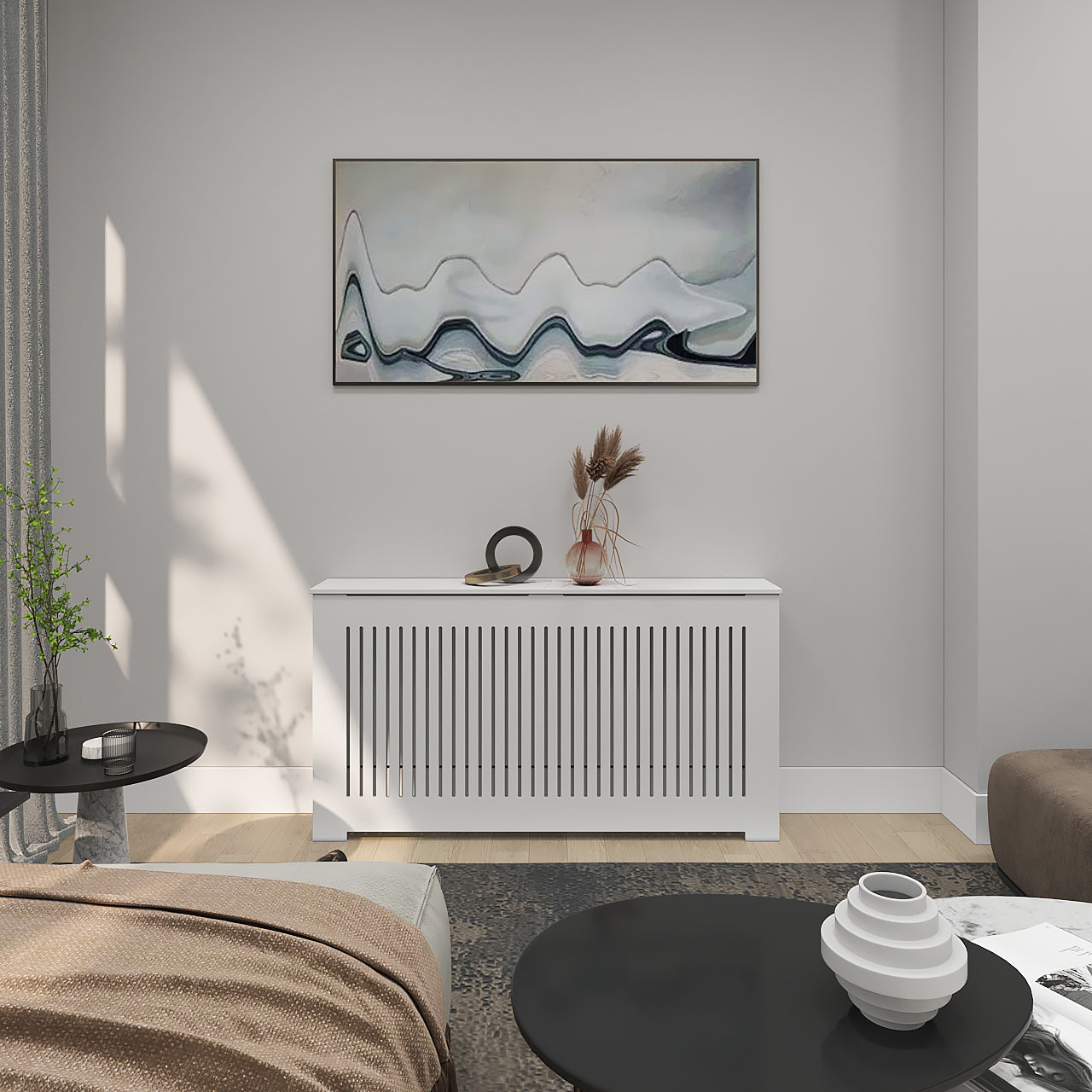 AURORA slatted radiator cover cabinet with optional top vent holes for improved airflow