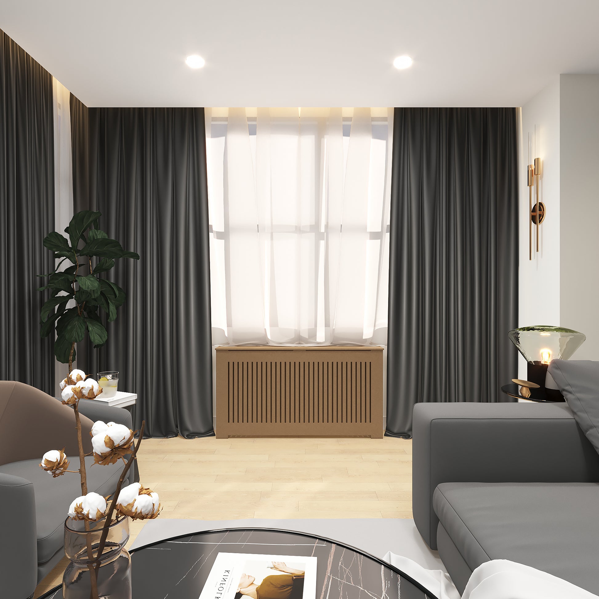 AURORA slatted radiator cover cabinet with optional top vent holes for improved airflow