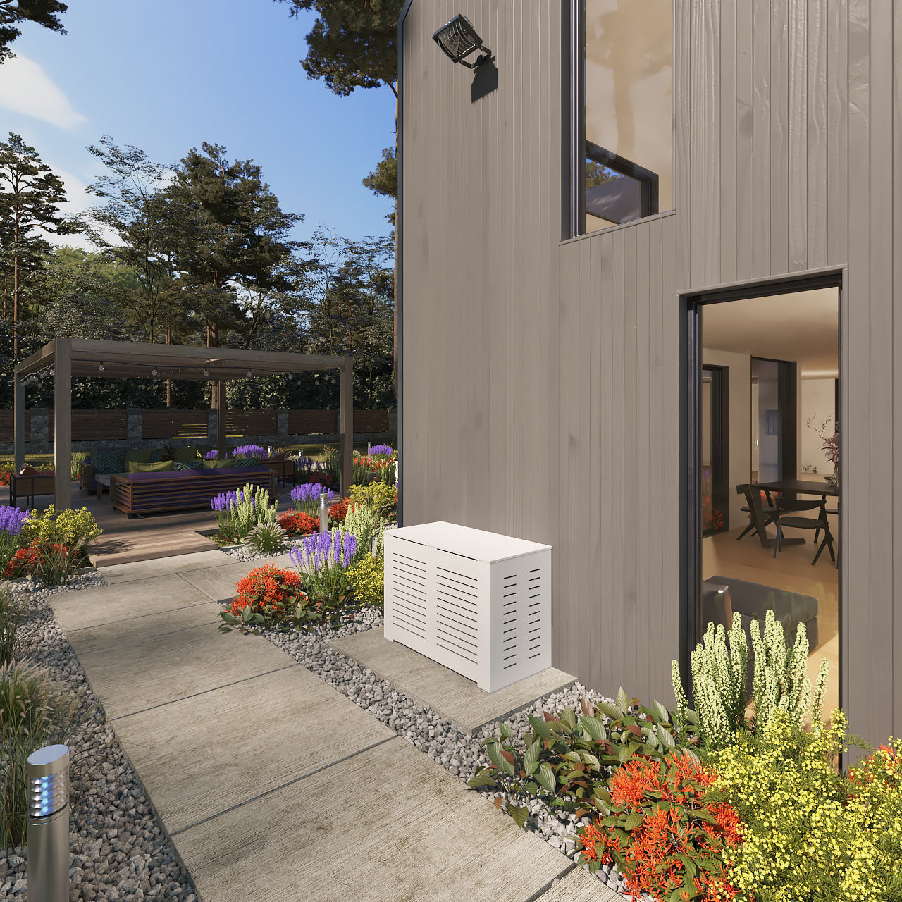 Before and after view of AC unit with PVC outdoor cover installed