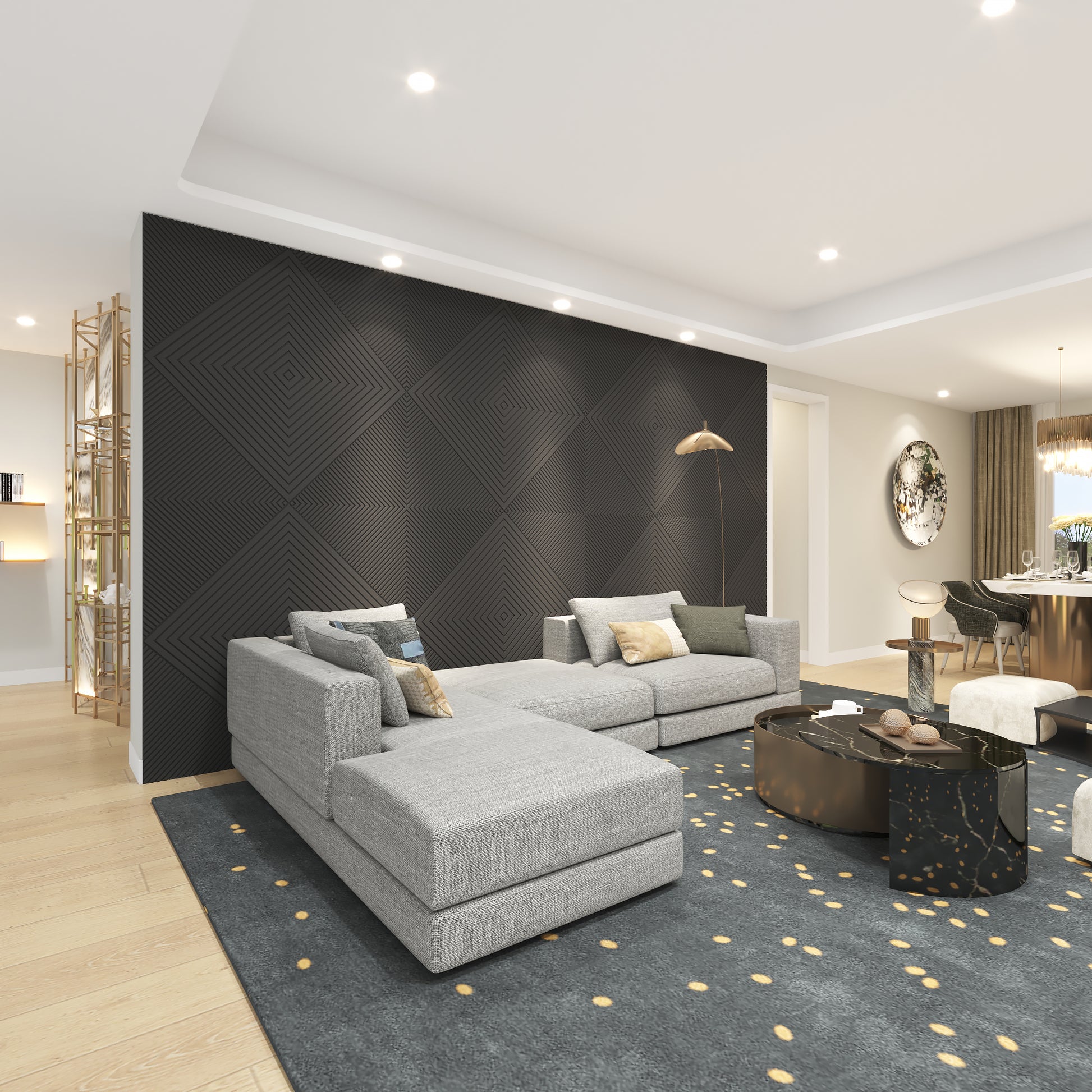 Black geometric 3D wood wall panels for interior feature wall