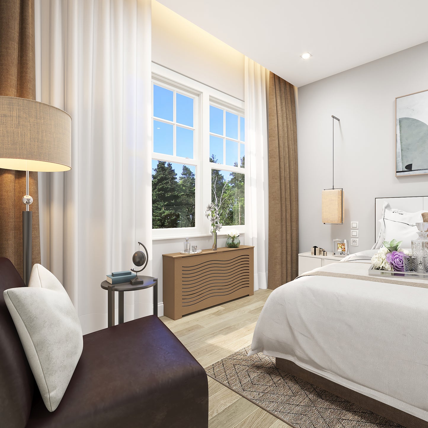 CAPELLA radiator cover installed in a modern bedroom, enhancing decor while concealing radiator with a stylish unfinished wood cabinet.