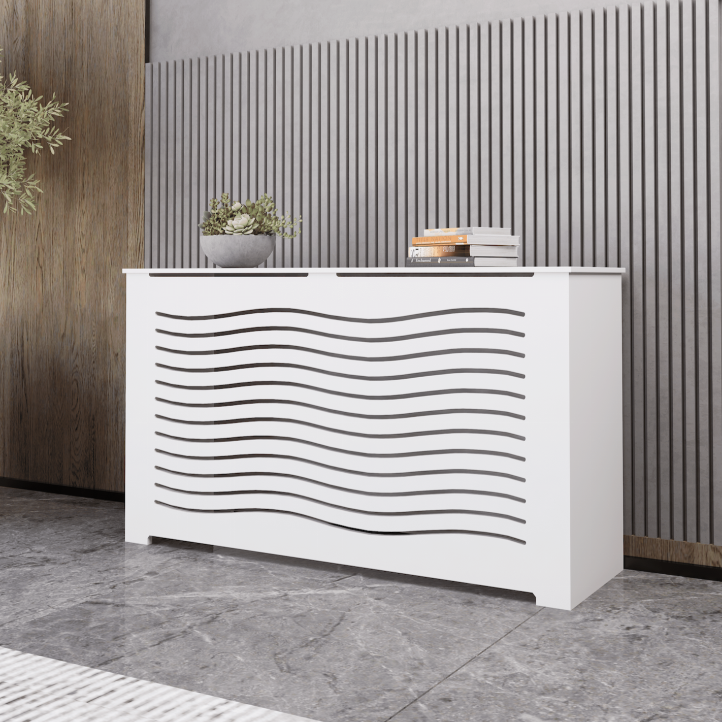 CAPELLA radiator cover cabinet with optional top vent holes for improved airflow