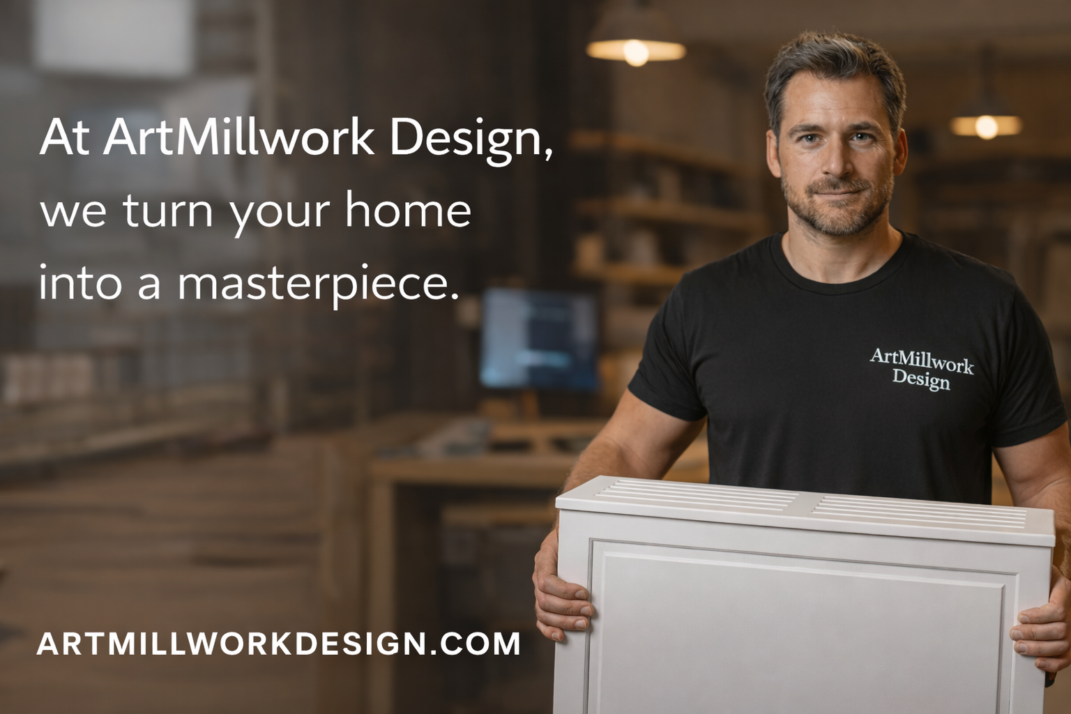 EVELINE Radiator Cover - Custom Radiator Cover NYC | Fit & Assembly, shown by craftsman at ArtMillwork Design holding a white handcrafted panel.