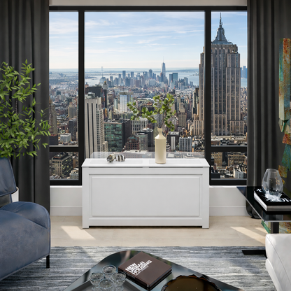 EVELINE Radiator Cover - Custom Radiator Cover NYC in white, placed in a modern apartment with Empire State Building view, handcrafted for perfect fit.