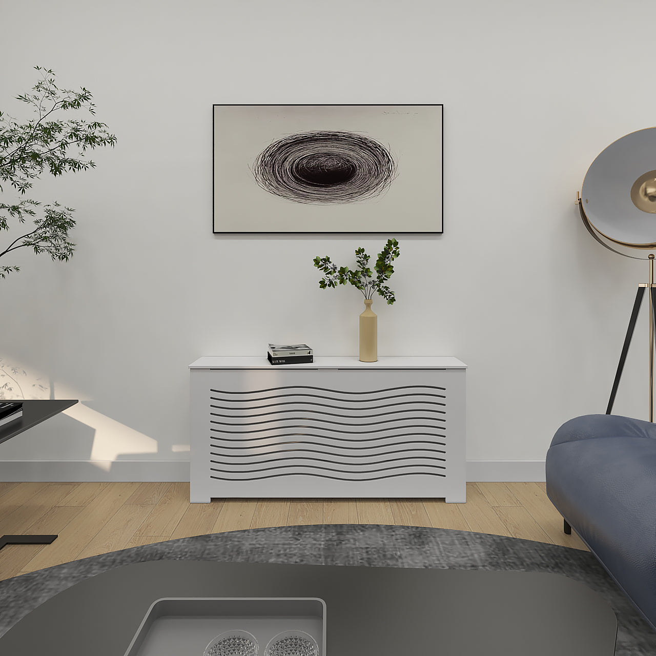 Close-up detail of CAPELLA white radiator cover cabinet with smooth Medex wood surface