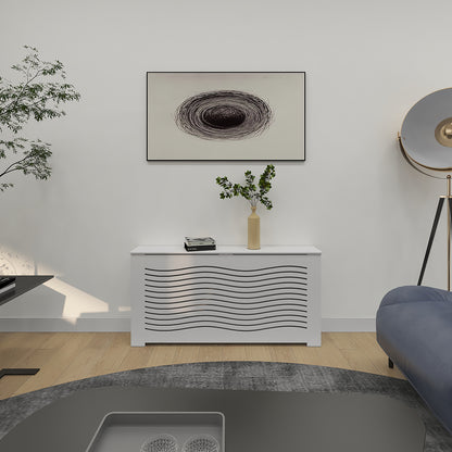 Close-up detail of CAPELLA white radiator cover cabinet with smooth Medex wood surface