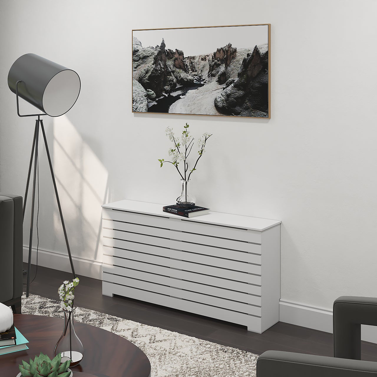 Close-up detail of DANTE white radiator cover cabinet with smooth Medex wood surface