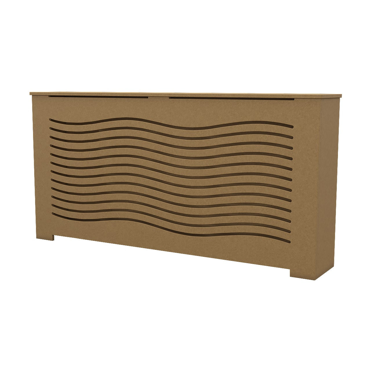 Angled view of CAPELLA unfinished radiator cover with wave pattern, crafted from Medex wood for easy customization and painting.
