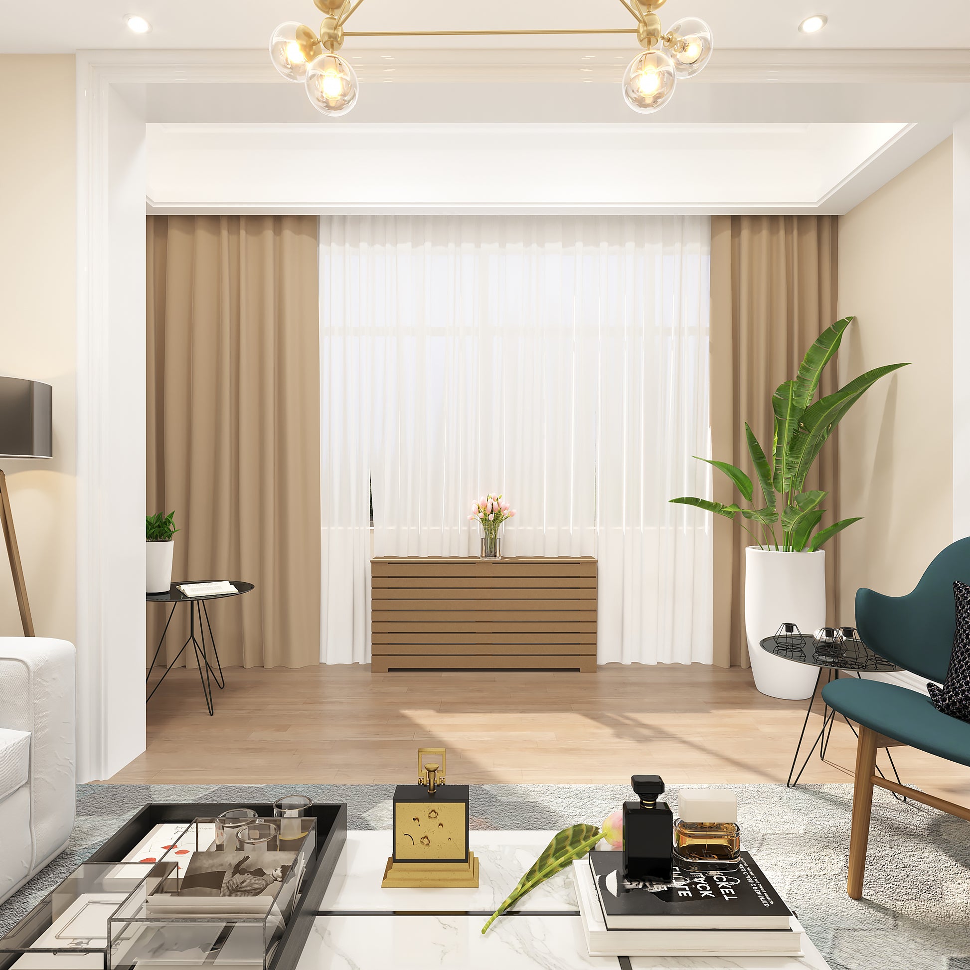 Handcrafted Unfinished Radiator Cover - Custom Radiator Cover in modern NYC living room with wood slat design, placed under a window with beige curtains.