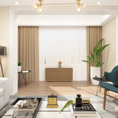 Handcrafted Unfinished Radiator Cover - Custom Radiator Cover in modern NYC living room with wood slat design, placed under a window with beige curtains.