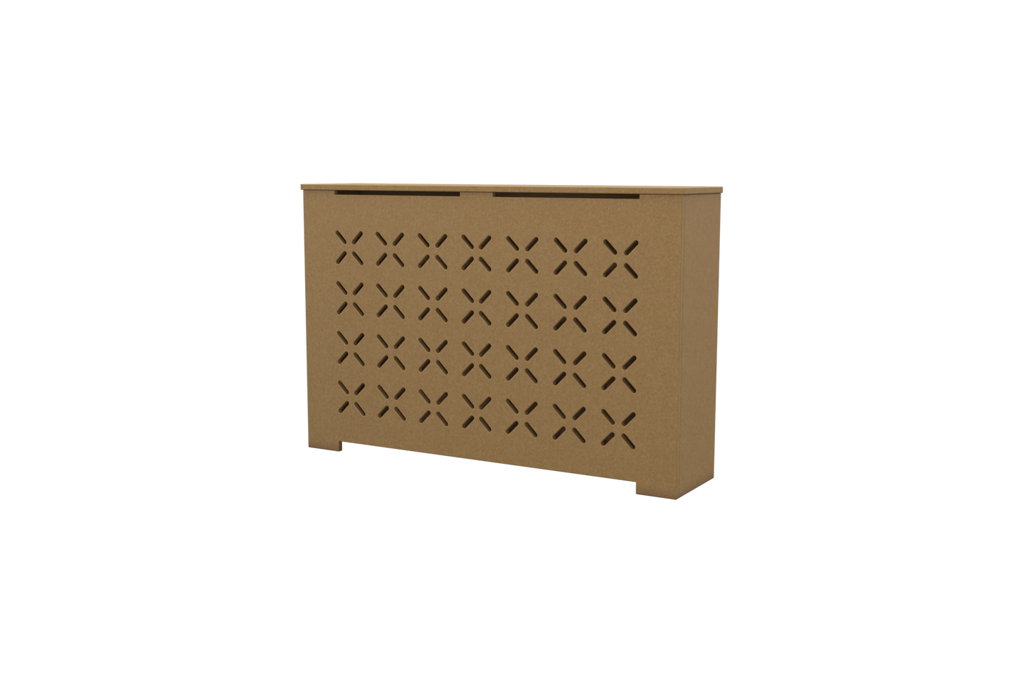 Angled view of SIENNA unfinished radiator cover cabinet, featuring precision-cut ventilation design and smooth Medex wood finish.