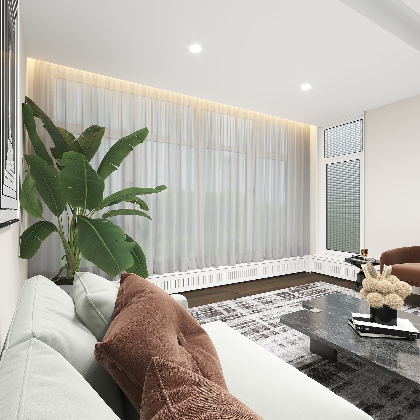 Close-up detail of smooth white finish on wooden baseboard heater cover