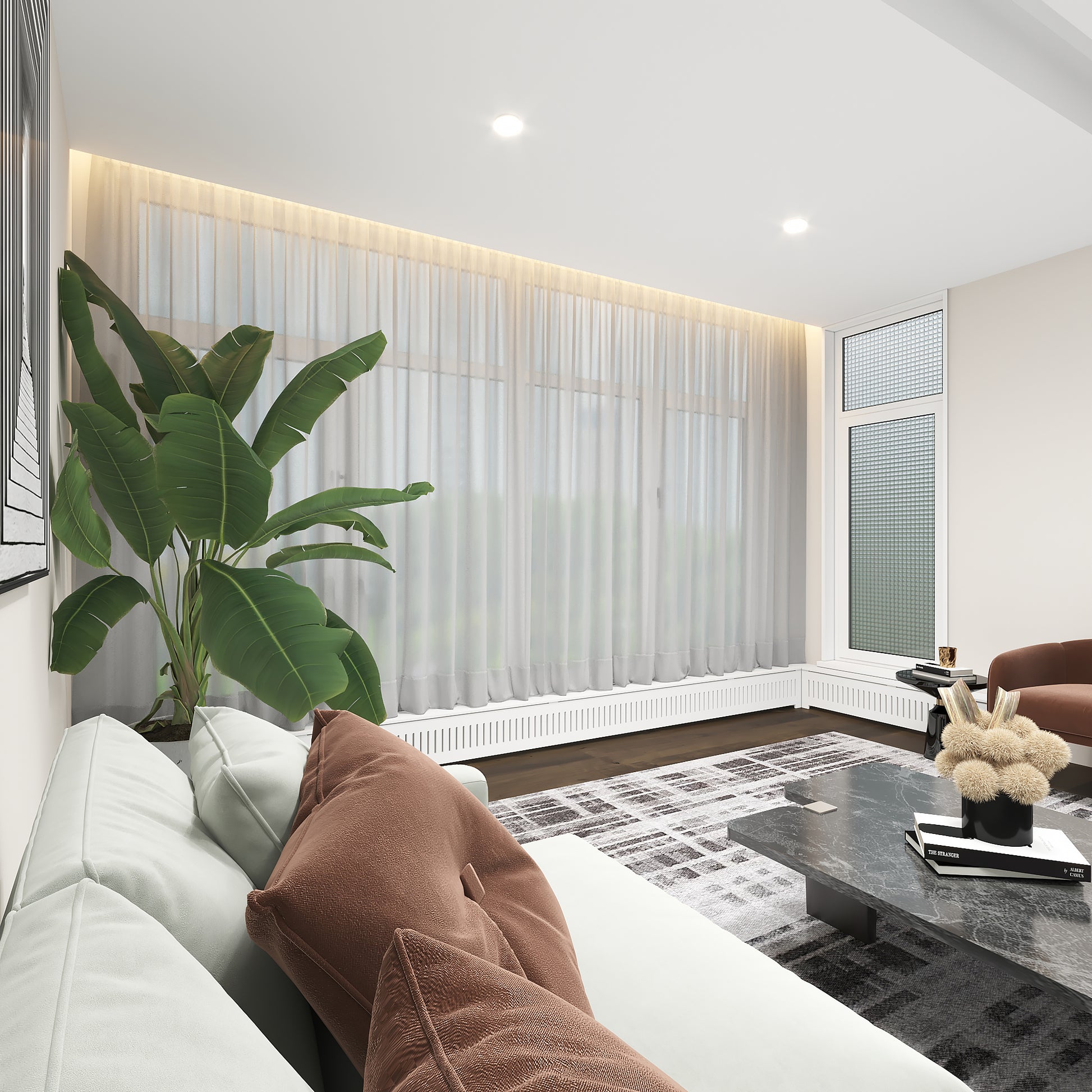 Close-up detail of smooth white finish on wooden baseboard heater cover