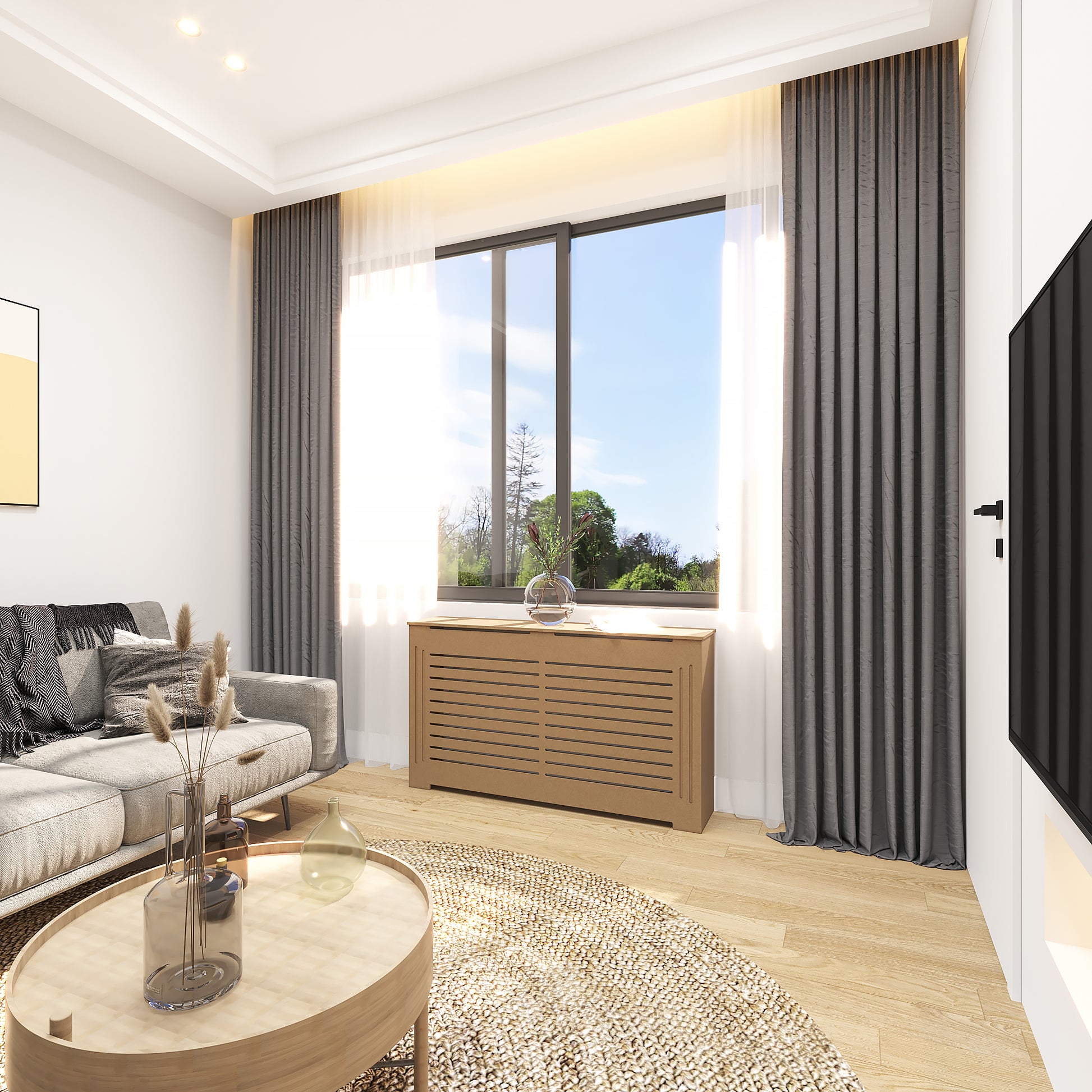 Close-up detail of unfinished Medex MDF radiator cover cabinet, smooth surface ready for custom paint or finish