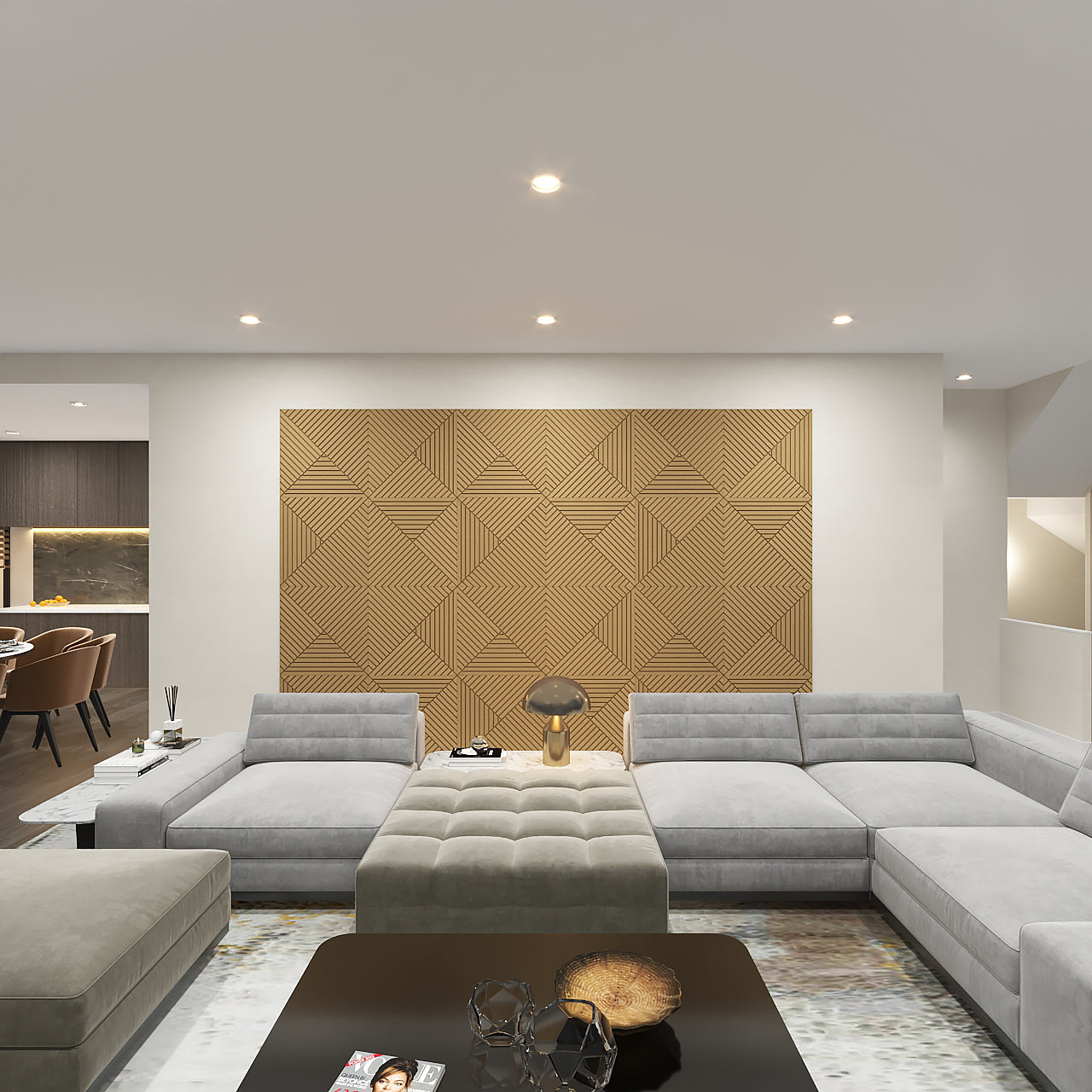 Living room with modern abstract wall panels in 3D geometric pattern, enhancing acoustics and visual appeal with Medex wood.