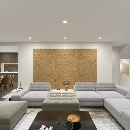 Living room with modern abstract wall panels in 3D geometric pattern, enhancing acoustics and visual appeal with Medex wood.
