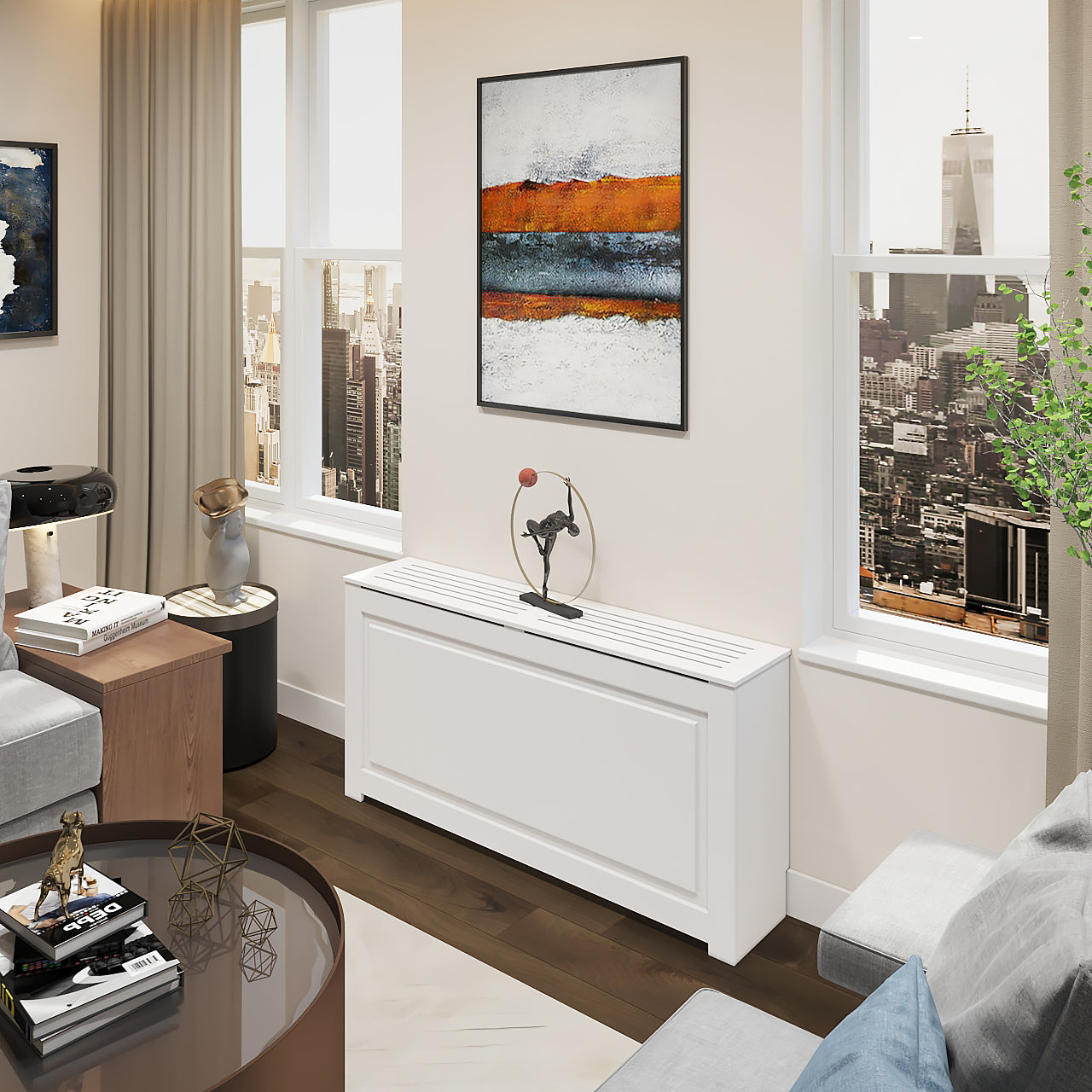 EVELINE Radiator Cover - Custom Radiator Cover NYC in white, handcrafted to fit modern living room decor with skyline view and abstract wall art.