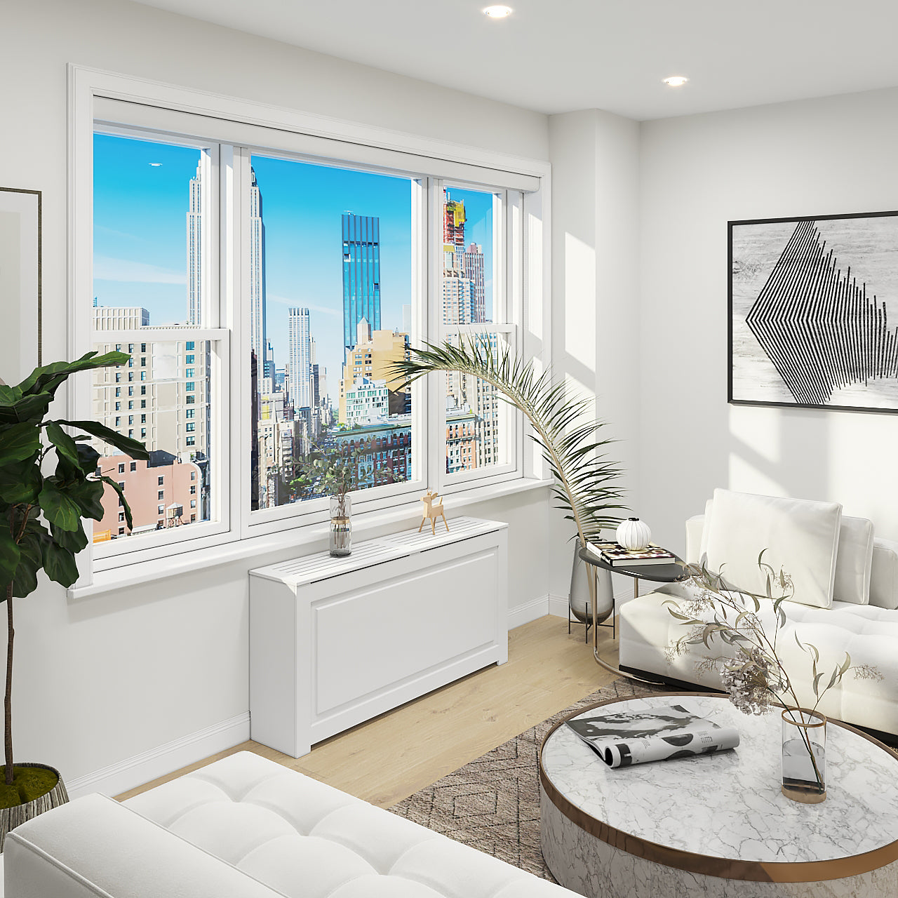 EVELINE Radiator Cover - Custom Radiator Cover NYC in white, installed under a window in a modern living room with skyline view. Handcrafted for perfect fit and elegant design.