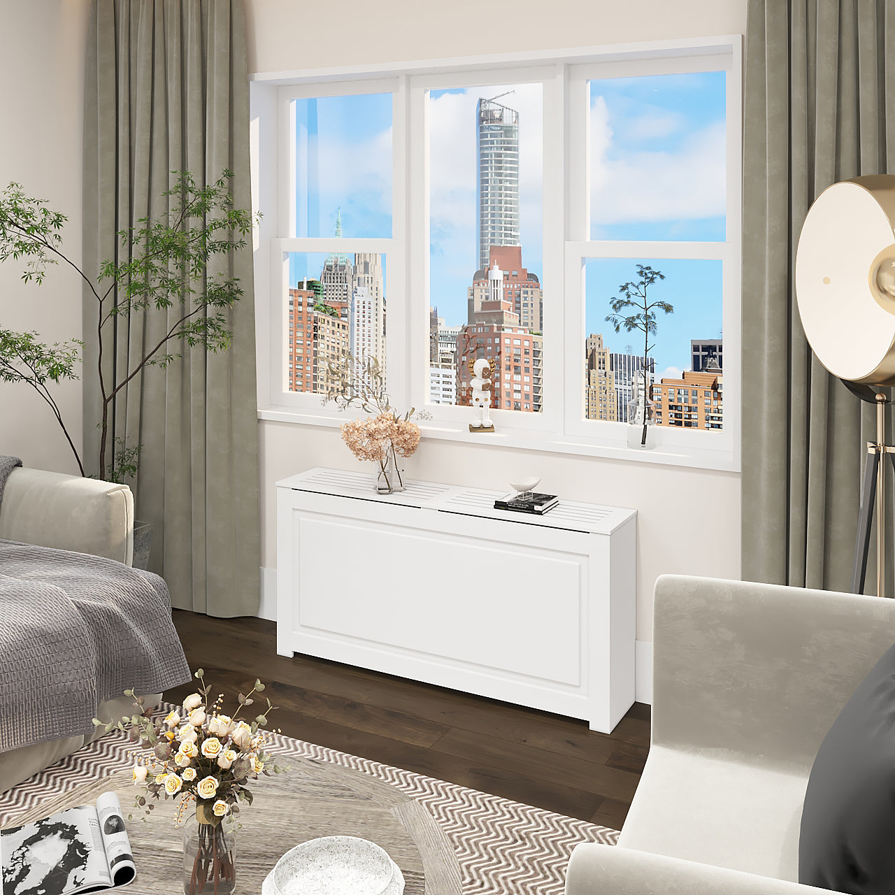 New York PTAC Cover Cabinet, 12" Deep Cabinet, White Finish, Custom Built in NYC, Decorative HVAC Covers for Hotels, Homes & Offices