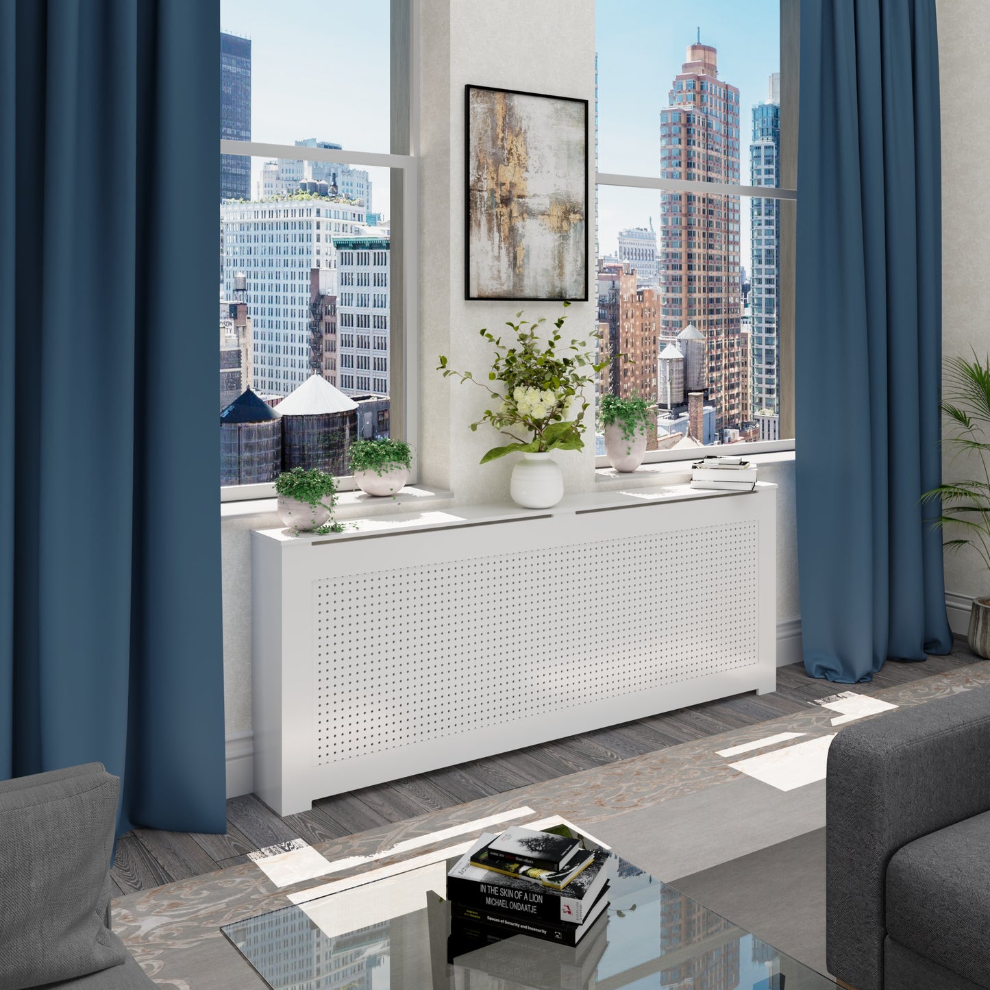 Custom ALEXIA white radiator cover cabinet installed in NYC apartment interior