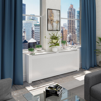 Custom ALEXIA white radiator cover cabinet installed in NYC apartment interior