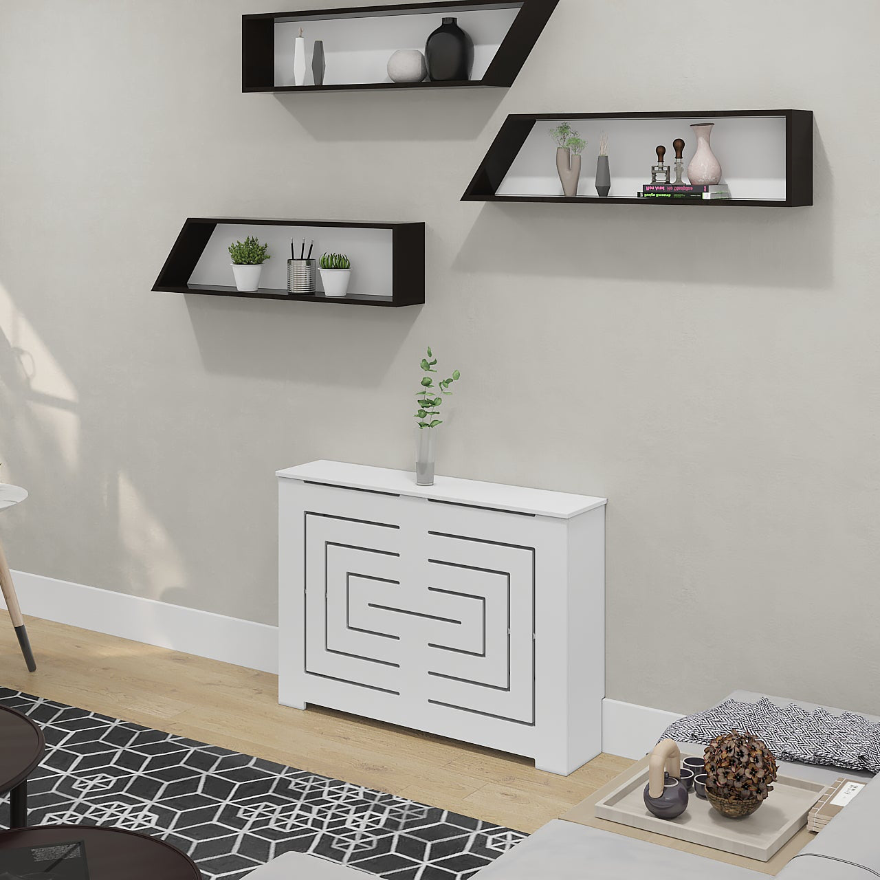 Custom BIANCA white radiator cover cabinet installed in modern NYC apartment interior