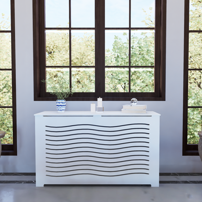 Custom CAPELLA white radiator cover cabinet installed in modern NYC apartment interior