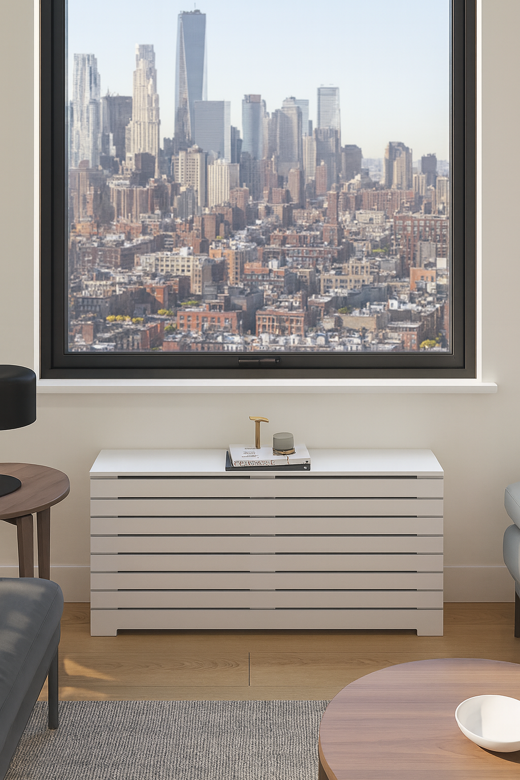 Custom DANTE white radiator cover cabinet installed in modern NYC apartment interior