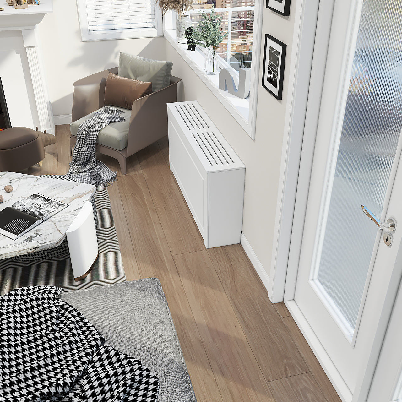 Custom EVELINE white radiator heat cover cabinet installed in NYC apartment interior