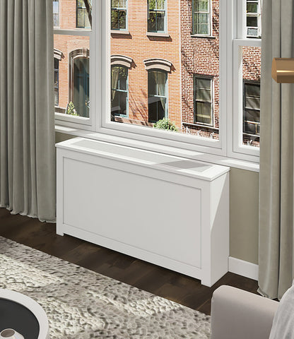 Custom PTAC HVAC cover cabinet with metal grille in white finish